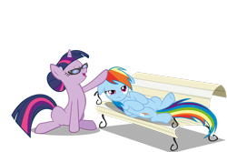 Size: 3000x2000 | Tagged: safe, artist:arvyr, imported from derpibooru, rainbow dash, twilight sparkle, pegasus, pony, unicorn, lesson zero, season 2, bench, duo, female, glasses, lying down, mare, on back, simple background, transparent background, unicorn twilight, vector