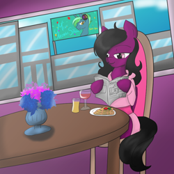 Size: 800x800 | Tagged: safe, artist:darkdreamingblossom, imported from derpibooru, oc, oc only, oc:sweetheart pop, earth pony, pony, bathrobe, clothes, earth pony oc, female, food, newspaper, pancakes, robe, solo