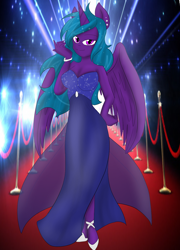 Size: 900x1250 | Tagged: safe, artist:darkdreamingblossom, imported from derpibooru, oc, oc only, oc:flutternight, alicorn, anthro, unguligrade anthro, alicorn oc, clothes, dress, female, horn, solo, wings