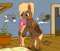 Size: 2560x2160 | Tagged: safe, artist:terminalhash, imported from derpibooru, scootaloo, oc, oc:threnody, pegasus, pony, fallout equestria, fallout equestria: project horizons, fallout equestria: speak, fanfic art, flower, plushie, pot, solo