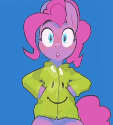 Size: 3724x4096 | Tagged: safe, artist:baigak, imported from derpibooru, pinkie pie, earth pony, pony, blue background, clothes, female, jacket, looking at you, mare, simple background, smiley face, solo