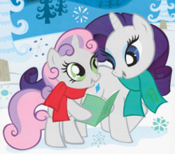 Size: 361x317 | Tagged: safe, imported from derpibooru, rarity, sweetie belle, pony, unicorn, bipedal, book, caroling, christmas, clothes, duo, duo female, female, g4, holiday, official, scarf, snow, snowflake, winter