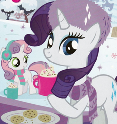 Size: 443x472 | Tagged: safe, imported from derpibooru, rarity, sweetie belle, chocolate, clothes, cookie, cup, duo, duo female, earmuffs, female, food, fur hat, g4, hat, holding, hot chocolate, official, outdoors, scarf, siblings, sisters, snow, snowflake, striped scarf, winter, winter outfit