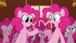 Size: 1280x720 | Tagged: safe, artist:anonymous, edit, edited screencap, imported from derpibooru, screencap, pinkie pie, earth pony, pony, too many pinkie pies, amogus, among us, cartoon physics, clever, clone, cursed image, eyes closed, female, fingers, hand, lidded eyes, mare, meme, multeity, pinkie being pinkie, pinkie clone, pinkie physics, shocked, shocked expression, sitting, smiling, suddenly hands, sus (among us)