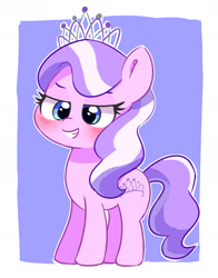 Size: 1884x2404 | Tagged: safe, artist:leo19969525, imported from derpibooru, diamond tiara, earth pony, pony, abstract background, blue eyes, blushing, crown, hair, jewelry, looking at you, regalia, smiling, smiling at you, solo, tail