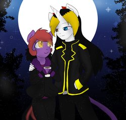 Size: 2000x1900 | Tagged: safe, artist:darkdreamingblossom, imported from derpibooru, oc, oc:dark dreaming blossom, anthro, incubus, anthro oc, duo, female, heterochromia, male, moon, night, oc x oc, shipping, straight