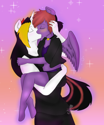 Size: 2528x3022 | Tagged: safe, artist:darkdreamingblossom, imported from derpibooru, oc, oc only, oc:dark dreaming blossom, oc:zoa, anthro, incubus, pegasus, anthro oc, blushing, bridal carry, carrying, duo, eyes closed, female, kissing, male, pegasus oc, straight