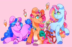 Size: 4096x2667 | Tagged: safe, artist:cocopudu, imported from derpibooru, izzy moonbow, sunny starscout, oc, earth pony, pony, unicorn, amputee, cloven hooves, female, g5, ice cream cone, levitation, magic, mare, pink background, simple background, telekinesis, tongue out, trio, unshorn fetlocks, wheel