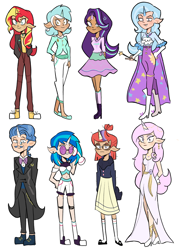 Size: 3633x5016 | Tagged: safe, artist:charrlll, imported from derpibooru, dj pon-3, fancypants, fleur-de-lis, lyra heartstrings, moondancer, starlight glimmer, sunset shimmer, trixie, vinyl scratch, human, belly button, boots, bowtie, cape, choker, clothes, coat, converse, dark skin, dress, ear piercing, earring, elf ears, evening gloves, eyeshadow, facial hair, female, flats, glasses, gloves, headphones, high heel boots, high heels, horn, horned humanization, humanized, jacket, jeans, jewelry, leather jacket, long gloves, magic wand, makeup, male, midriff, monocle, moustache, necklace, pants, piercing, shirt, shoes, shorts, simple background, skirt, socks, stockings, suit, sweater, t-shirt, thigh highs, trixie's cape, unicorns as elves, vinyl's glasses, wand, white background