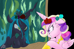 Size: 2000x1326 | Tagged: safe, artist:epic-panda17, imported from derpibooru, princess cadance, queen chrysalis, alicorn, changeling, changeling queen, pony, a canterlot wedding, 2012, crown, evil grin, fake cadance, female, flower, flower in hair, grin, jewelry, regalia, smiling, this day aria