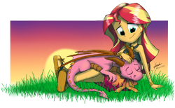 Size: 6500x4000 | Tagged: safe, artist:praisecastiel, imported from derpibooru, sunset shimmer, oc, oc:twilight genesis, dragon, human, equestria girls, bare shoulders, duo, female, grass, partial background, sleeveless