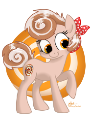 Size: 3000x4000 | Tagged: safe, artist:praisecastiel, imported from derpibooru, oc, oc only, oc:cinnamon spangled, earth pony, pony, abstract background, bandana, cinnamon bun, cutie mark background, female, food, looking down, mare, raised hoof, solo, transparent background