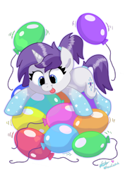 Size: 2480x3508 | Tagged: safe, artist:praisecastiel, imported from derpibooru, oc, oc:indigo wire, pony, unicorn, balloon, balloon riding, coat markings, cute, female, mare, party balloon, ponytail, socks (coat markings), that pony sure does love balloons, tongue out