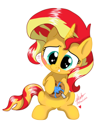 Size: 2844x3794 | Tagged: safe, artist:praisecastiel, imported from derpibooru, sunset shimmer, pony, unicorn, blushing, bow, cookie, cute, female, filly, filly sunset shimmer, foal, food, heart, label, ribbon, shimmerbetes, signature, simple background, solo, transparent background, vector, younger