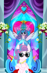 Size: 2599x4096 | Tagged: safe, artist:gaiusmaximiliano, imported from derpibooru, princess flurry heart, alicorn, crossed hooves, cute, flurrybetes, jewelry, necklace, older, older flurry heart, sitting, stained glass, sunglasses, swag, throne