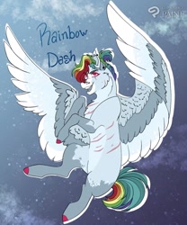 Size: 1064x1280 | Tagged: safe, alternate version, artist:inisealga, imported from derpibooru, rainbow dash, pegasus, pony, abstract background, cloud, coat markings, colored hooves, colored wings, facial markings, female, mare, multicolored hair, multicolored mane, redesign, scar, sky, socks (coat markings), solo, spread wings, wings