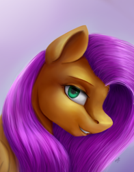 Size: 1024x1306 | Tagged: safe, artist:allforyouart, imported from derpibooru, fluttershy, pegasus, pony, bust, female, gradient background, looking at you, mare, portrait, smiling, solo, three quarter view