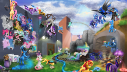 Size: 4060x2284 | Tagged: safe, artist:zvuki, imported from derpibooru, applejack, coco pommel, dj pon-3, fluttershy, inky rose, lickety split, lyra heartstrings, marble pie, maud pie, nightmare moon, nurse redheart, octavia melody, pinkie pie, princess celestia, princess luna, rainbow dash, rarity, starlight glimmer, sunset shimmer, trixie, twilight sparkle, vinyl scratch, oc, oc:filly anon, oc:floor bored, oc:snowdrop, alicorn, cat, earth pony, human, pegasus, pony, unicorn, equestria girls, /mlp/, /mlp/ tf2 general, 4chan, badwater basin, cake, cakelestia, community related, death, demoman, female, filly, food, gun, medic, medigun, pyro, rifle, s1 luna, scattergun, scout, shovel, sign, sniper, sniper rifle, soldier, sword, team fortress 2, this will end in death, washing machine, weapon, wimmelbilder