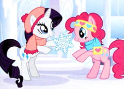 Size: 525x375 | Tagged: safe, imported from derpibooru, pinkie pie, rarity, earth pony, pegasus, pony, winter wrap up, bipedal, clothes, duo, duo female, female, headband, official, scarf, snow, snowflake, standing, winter, winter outfit