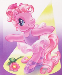 Size: 314x381 | Tagged: safe, artist:lyn fletcher, imported from derpibooru, pinkie pie (g3), earth pony, pony, ballet, ballet slippers, clothes, flower, g3, official, pink mane, pinkerina, pinkierina, shoes, solo, spotlight, tutu
