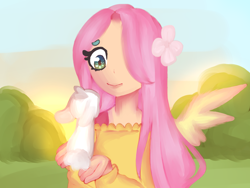 Size: 1280x960 | Tagged: safe, artist:muuiishu, imported from derpibooru, angel bunny, fluttershy, human, rabbit, animal, beanbrows, clothes, eye contact, eyebrows, female, flower, flower in hair, hair over one eye, holding, humanized, looking at each other, looking at someone, outdoors, smiling, solo, sweater, sweatershy, winged humanization, wings