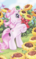 Size: 324x527 | Tagged: safe, artist:lyn fletcher, imported from derpibooru, desert rose, earth pony, pony, bipedal, bouquet, clover, flower, four leaf clover, g3, hoof heart, official, solo, sunflower