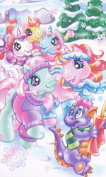 Size: 325x541 | Tagged: safe, artist:lyn fletcher, imported from derpibooru, brights brightly, master kenbroath gilspotten heathspike, minty, rarity (g3), sweetie belle (g3), thistle whistle, dragon, earth pony, pony, unicorn, clothes, g3, hat, headband, official, scarf, snow, sweater, winter