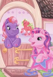 Size: 318x463 | Tagged: safe, artist:ken edwards, imported from derpibooru, applejack (g3), skywishes, twinkle twirl, earth pony, pony, ballet slippers, belle of the ball, building, dancing, door, g3, hoof heart, kite, official