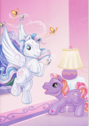 Size: 336x471 | Tagged: safe, artist:ken edwards, imported from derpibooru, star catcher, twinkle twirl, butterfly, earth pony, pegasus, pony, belle of the ball, duo, duo female, female, flying, g3, hoof heart, lamp, official, room, window