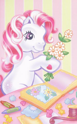 Size: 295x476 | Tagged: safe, imported from derpibooru, earth pony, pony, book, bouquet, crayons, female, flower, g3, heart, hoof heart, official, sitting, solo, star swirl (g3), thread