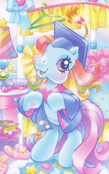 Size: 324x518 | Tagged: safe, artist:lyn fletcher, imported from derpibooru, rainbow dash (g3), earth pony, pony, female, g3, graduation, graduation cap, hat, indoors, official, pastel, solo