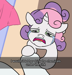 Size: 639x667 | Tagged: safe, artist:jargon scott, imported from derpibooru, rarity, sweetie belle, pony, unicorn, crying, female, filly, foal, looking at you, looking up, looking up at you, mare, meme, offscreen character, ponified meme, pov, solo focus, sweetiedumb, text, too dumb to live
