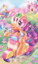 Size: 327x539 | Tagged: safe, artist:lyn fletcher, imported from derpibooru, scootaloo (g3), butterfly, earth pony, pony, castle, celebration castle, clover, four leaf clover, g3, helmet, hoof heart, hot air balloon, official, scooter, solo