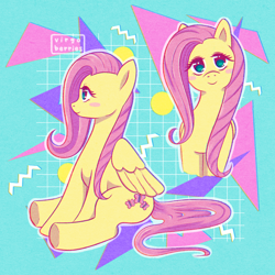 Size: 1280x1280 | Tagged: safe, artist:virgoberries, imported from derpibooru, fluttershy, pegasus, pony, abstract background, blush sticker, blushing, female, folded wings, head tilt, looking at you, mare, outline, profile, sitting, smiling, solo, wings