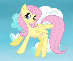 Size: 1280x1071 | Tagged: safe, artist:foxpocx, imported from derpibooru, fluttershy, pegasus, pony, aside glance, female, flying, looking at you, mare, outdoors, sky background, smiling, smiling at you, solo, spread wings, turned head, wings