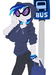 Size: 2121x2828 | Tagged: safe, artist:epic-panda17, artist:trollie trollenberg, imported from derpibooru, dj pon-3, vinyl scratch, human, 2011, breasts, bus stop, busty vinyl scratch, clothes, female, high res, hoodie, humanized, pony coloring, simple background, solo, transparent background