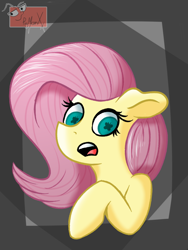 Size: 864x1152 | Tagged: safe, artist:pigmanxx, imported from derpibooru, fluttershy, pony, abstract background, bust, female, floppy ears, looking at you, mare, open mouth, raised hoof, solo, three quarter view, wingding eyes
