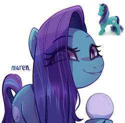 Size: 1942x1905 | Tagged: safe, artist:maren, imported from derpibooru, snowball (g2), earth pony, pony, eye clipping through hair, female, g2, g2 to g4, g4, generation leap, grin, mare, raised hoof, simple background, smiling, snow, snowball, solo, white background