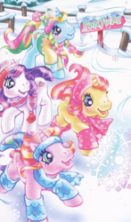 Size: 312x532 | Tagged: safe, artist:lyn fletcher, imported from derpibooru, brights brightly, rarity (g3), sweetie belle (g3), whistle wishes, pony, unicorn, clothes, female, g3, hat, hoof heart, leg warmers, official, running, scarf, snow, winter, winter outfit