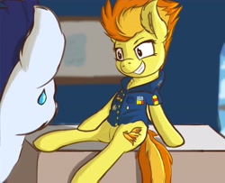 Size: 4096x3330 | Tagged: safe, artist:simplesample, imported from derpibooru, soarin', spitfire, pegasus, pony, clothes, female, folded wings, imminent sex, male, office, shipping, soarinfire, spitfire's office, straight, sultry pose, sweat, sweatdrop, uniform, wings, wonderbolts dress uniform