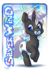 Size: 600x900 | Tagged: safe, artist:tavimunk, imported from derpibooru, oc, oc:silfrvind, pony, unicorn, baby, baby pony, clean, colt, cutie mark, diaper, foal, male, name tag, pacifier