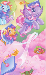 Size: 332x534 | Tagged: safe, artist:lyn fletcher, imported from derpibooru, rainbow dash (g3), scootaloo (g3), starsong, bird, earth pony, pegasus, pony, flying, g3, graduation cap, hat, high angle, hoof heart, official, tree, trio