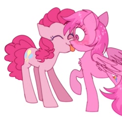 Size: 1077x1031 | Tagged: safe, artist:lucherik, imported from derpibooru, pinkie pie, rainbow dash, earth pony, pegasus, pony, blushing, chest fluff, duo, eyes closed, female, lesbian, licking, mare, partially open wings, pink rainbow dash, pinkiedash, raised hoof, recolor, shipping, simple background, smiling, standing, tongue out, white background, wings