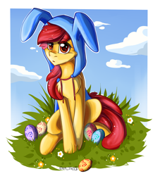 Size: 2000x2200 | Tagged: safe, artist:yuris, imported from derpibooru, apple bloom, earth pony, pony, clothes, cute, ears, easter, egg, female, filly, flower, foal, grass, happy easter, holiday, hood, orange eyes, red mane, solo