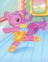 Size: 326x423 | Tagged: safe, artist:carlo loraso, imported from derpibooru, skywishes, earth pony, pony, ballet, ballet slippers, clothes, dancing, g3, indoors, mirror, official, picture frame, ponytail, solo, tutu, yellow dress