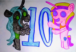 Size: 1280x883 | Tagged: safe, artist:dex stewart, imported from derpibooru, princess cadance, queen chrysalis, alicorn, changeling, pony, a canterlot wedding, canterlot wedding 10th anniversary, simple background, traditional art