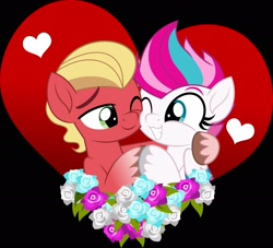 Size: 2048x1862 | Tagged: safe, artist:jhayarr23, imported from derpibooru, sprout cloverleaf, zipp storm, earth pony, pegasus, black background, female, flower, g5, heart, male, mare, shipping, simple background, smiling, stallion, straight, zippsprout