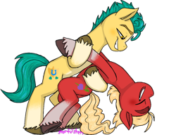 Size: 640x491 | Tagged: safe, artist:storfulsten, imported from derpibooru, hitch trailblazer, sprout cloverleaf, earth pony, pony, blushing, cute, dancing, g5, gay, hitchsprout, hoof hold, male, my little pony: a new generation, shipping, signature, simple background, smiling, stallion, transparent background
