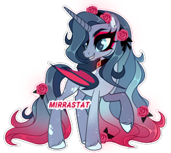 Size: 2304x2059 | Tagged: safe, artist:mirrastat, imported from derpibooru, oc, alicorn, bat pony, bat pony alicorn, pony, alicorn oc, base used, bat pony oc, bat wings, colored hooves, eyelashes, female, flower, flower in hair, horn, looking back, makeup, mare, rose, simple background, smiling, solo, transparent background, wings