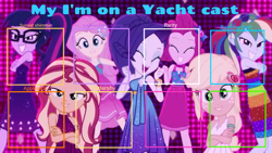 Size: 1281x720 | Tagged: safe, artist:candialva11, imported from derpibooru, applejack, fluttershy, pinkie pie, rainbow dash, rarity, sci-twi, spike, sunset shimmer, twilight sparkle, human, equestria girls, i'm on a yacht, spoiler:eqg series (season 2), geode of empathy, geode of fauna, geode of shielding, geode of sugar bombs, geode of super speed, geode of super strength, geode of telekinesis, humane five, humane seven, humane six, magical geodes, neon eg logo, template